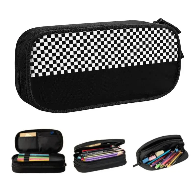 Custom Black White Checkered Korean Pencil Cases Boy Girl Large Capacity Checkerboard Pencil Bag Pouch Students Stationery