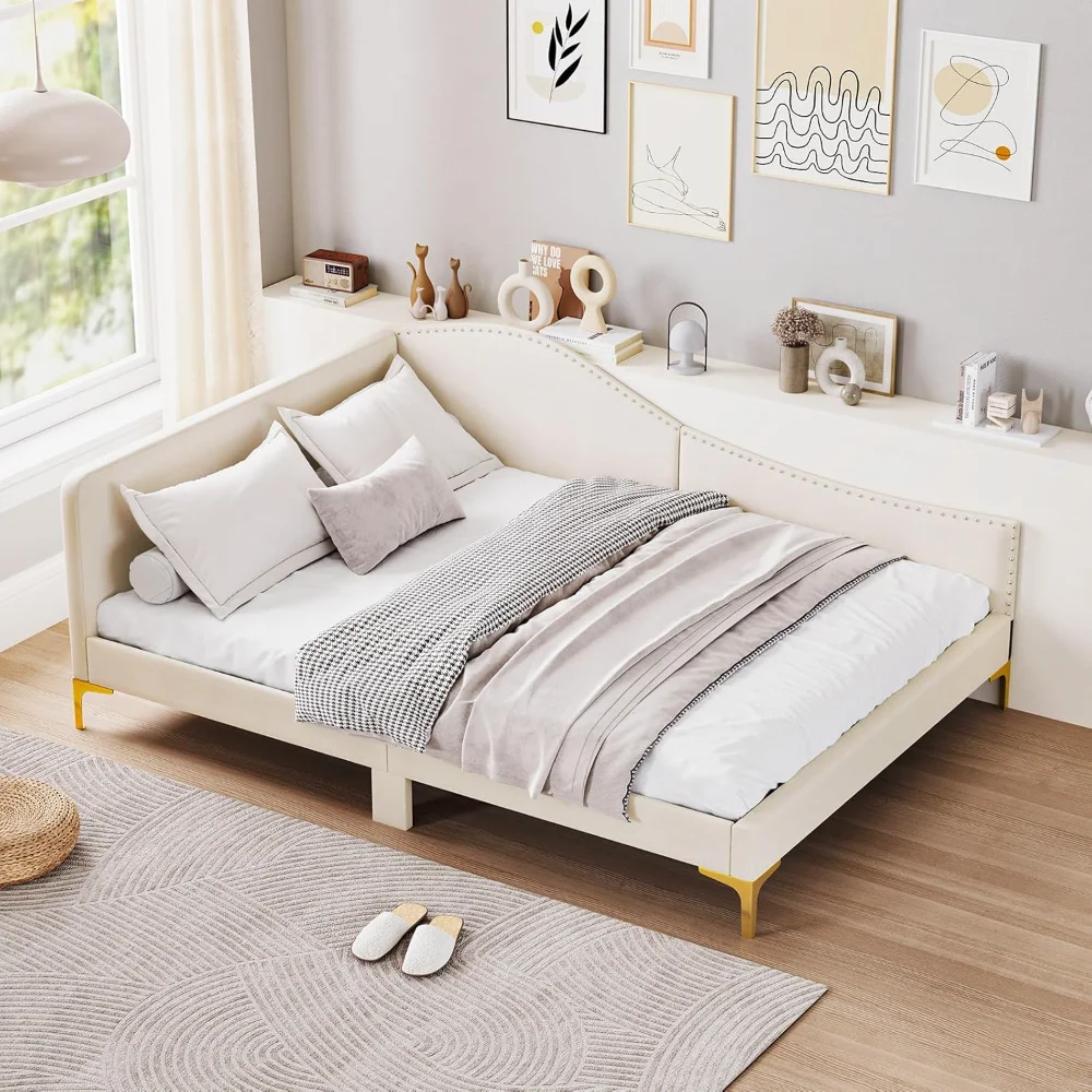 

Full Size Upholstered Daybed, Rivet-Tufted Platform Bed with Headboard, Metal Legs & Wood Slats, L-Shaped Corner Beige Daybeds