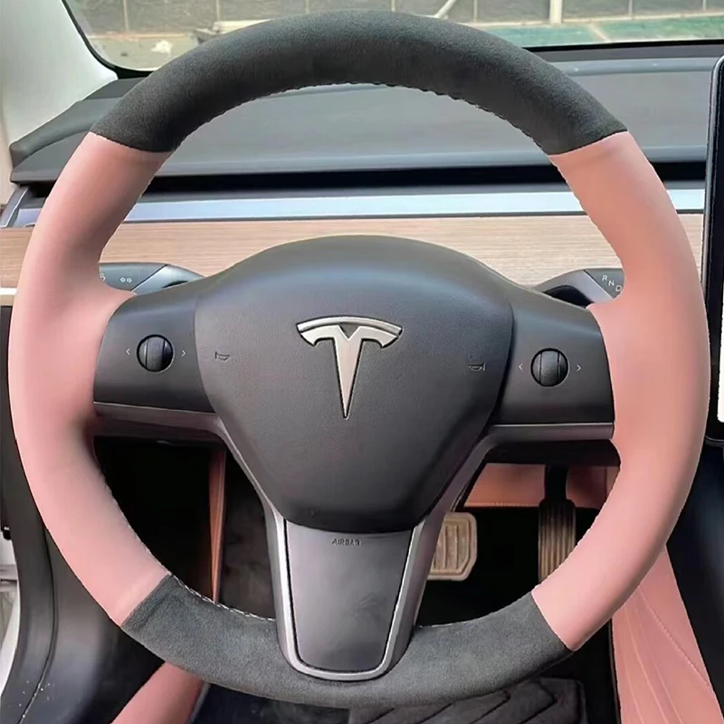 

For Tesla Model 3 Steering Wheel Cover Genuine Leather Suede Model Y Hand-sewn Special Custom Car Steering Wheel Braid Cover