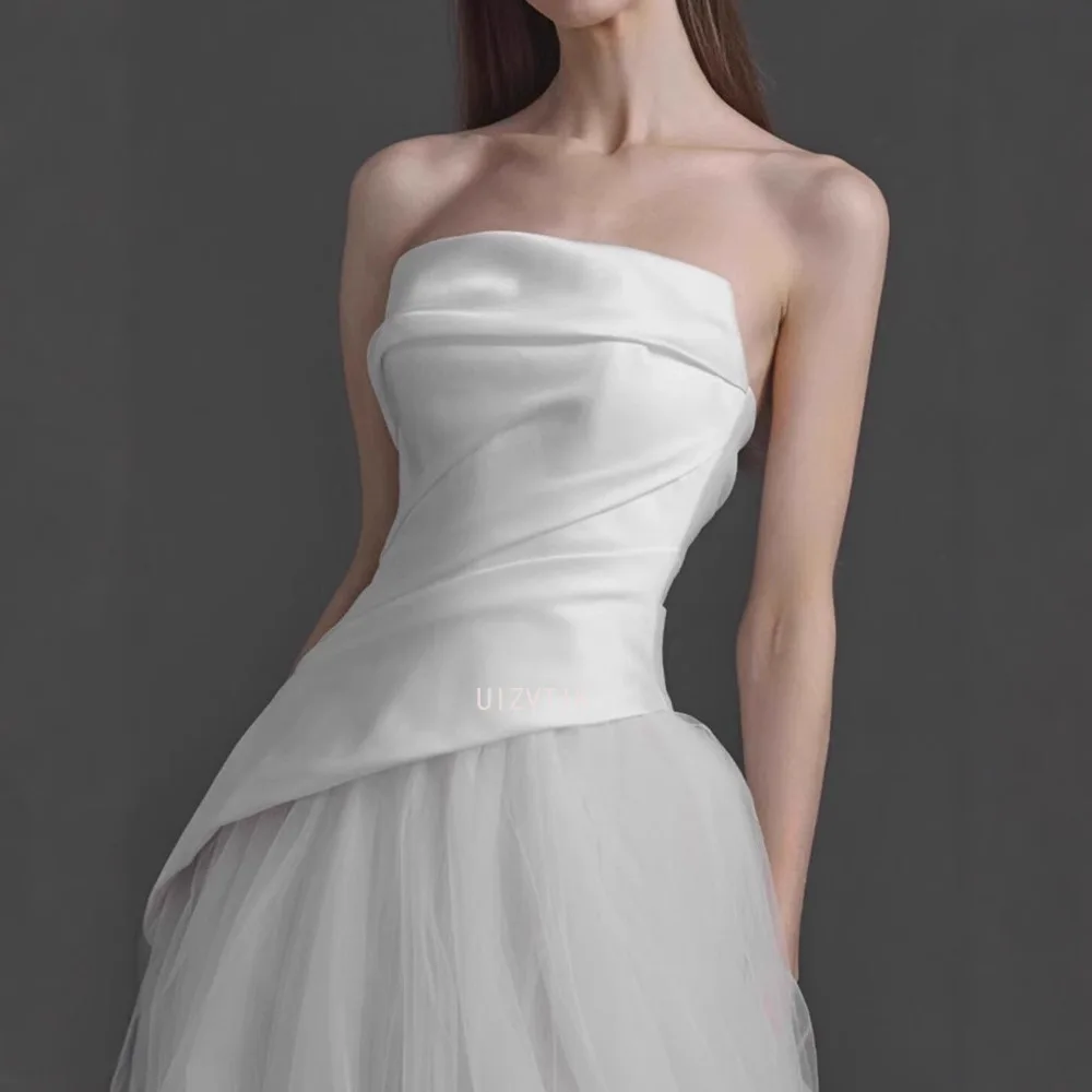 A linha vestidos de casamento feminino photoshoot sem alças retalhos vestido de noiva personalizado plissados cetim e tule macio vestidos de noiva