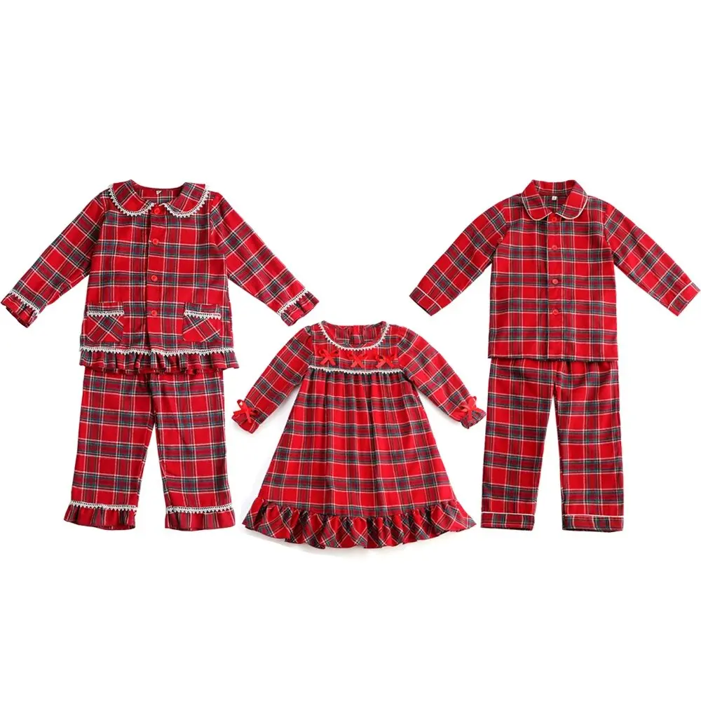 Kerst Jongens Meisjes Pyjama Sets Loungewear Babykleertjes Flanel Plaid 100% Katoen Broer of zus Bijpassende PJS Pyjama