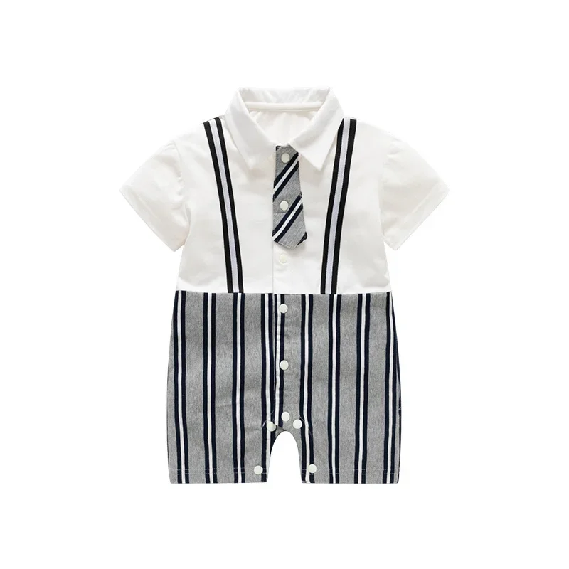 2024 Newborn Kids Bodysuit Thin Polo Summer Baby Boys Rompers Cotton Short Sleeve Striped Tie Strappy Infant Children\'s Outfit