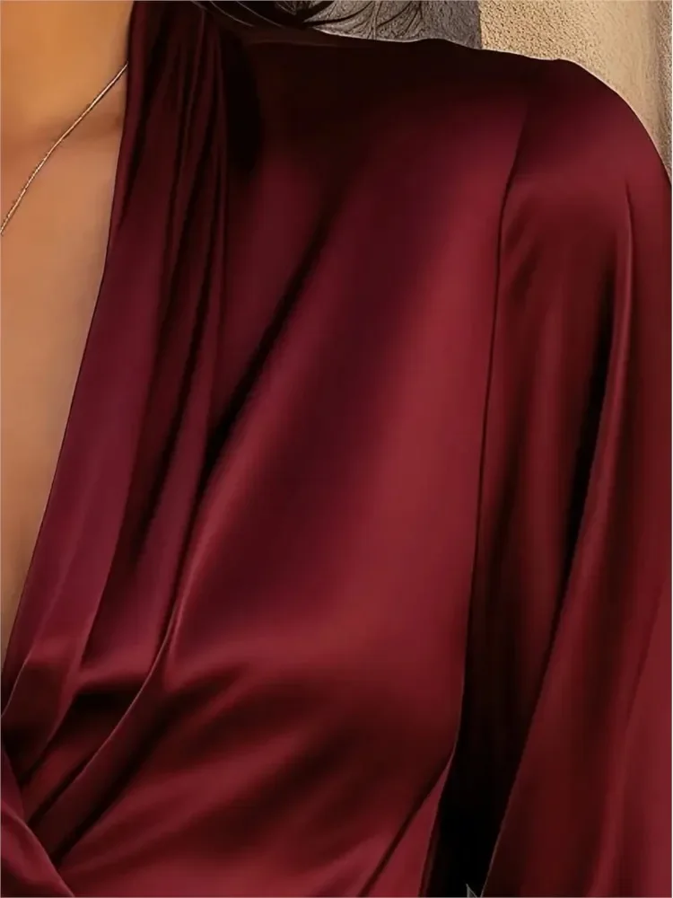 Woman's Elegant Satin Top Fashion Solid Color Deep V-neck Long Sleeves Casual Female Shirt Spring Autumn Ladies Office Blouses