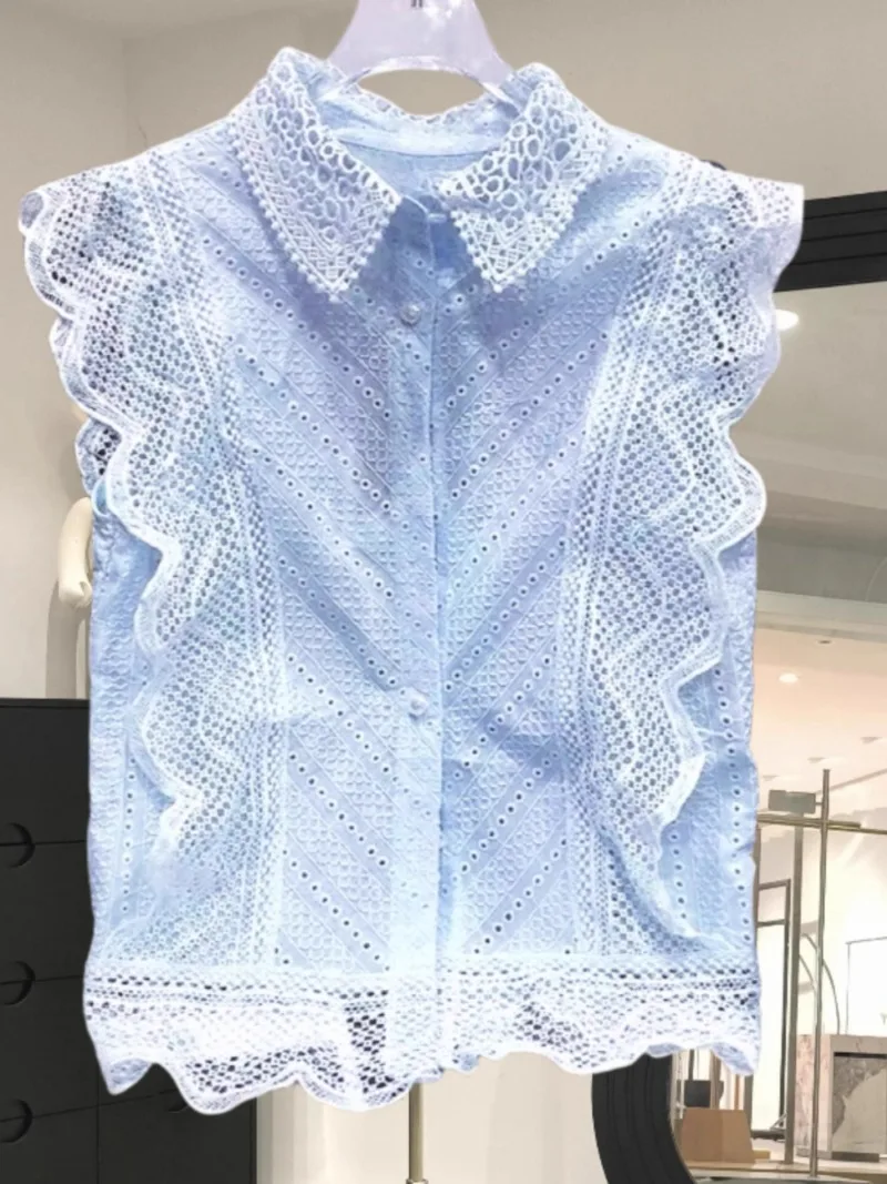 

French Fashion Lace Hollow-Collar Hook Flower Fly Sleeve Sweet Shirt Blusas Mujer 2025 Shirts & Blouses Pink White Tops