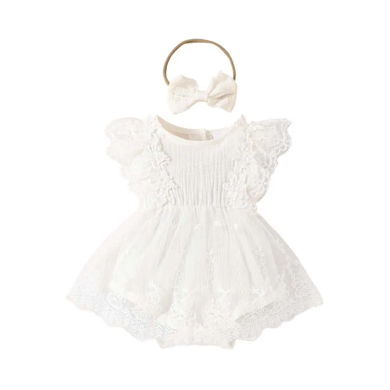 

Newborn Baby Girl Clothes Princess Dress Bodysuits White Sleeveless Mesh Skirts Jumpsuit with Hairband Infant Outfits 0-18Months