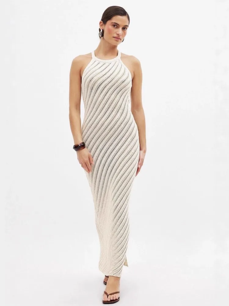 

Sexy Women Long Knit Beach Dress Hollow-Out O-Neck Sleeveless Bikini Cover-Ups Dress Fall Backless Holiday Dress 2026 Summer