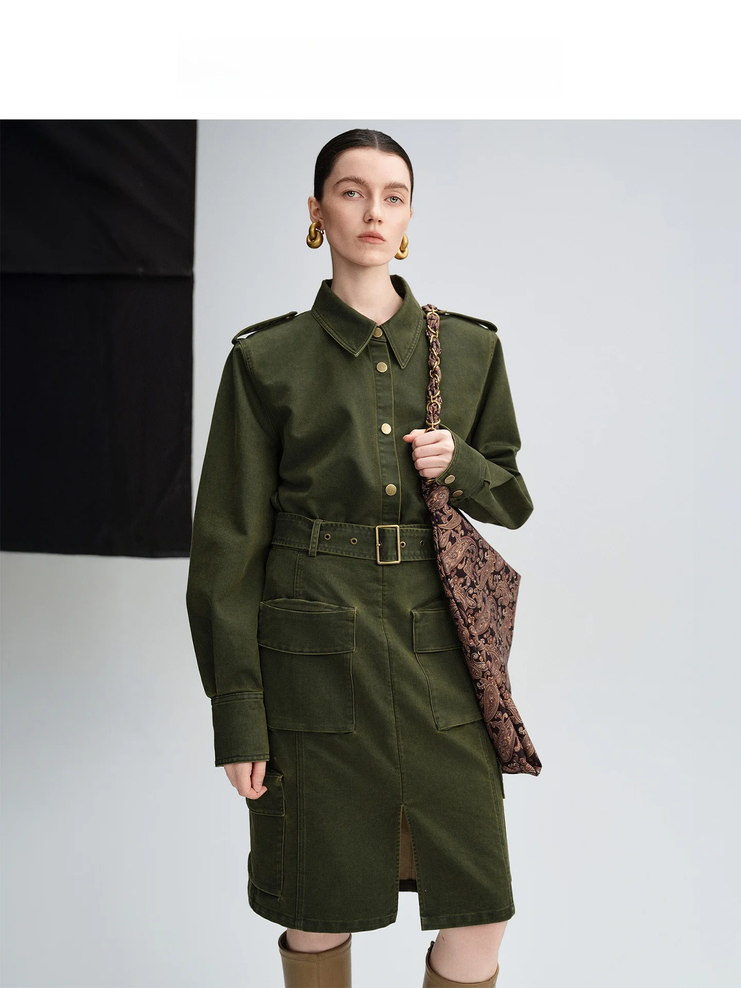 

AudreyWang Bernard's Spring Vintage Waed Denim irt Women's oulder Strap Decorated Set Thiened Long Sve Cotton Blend