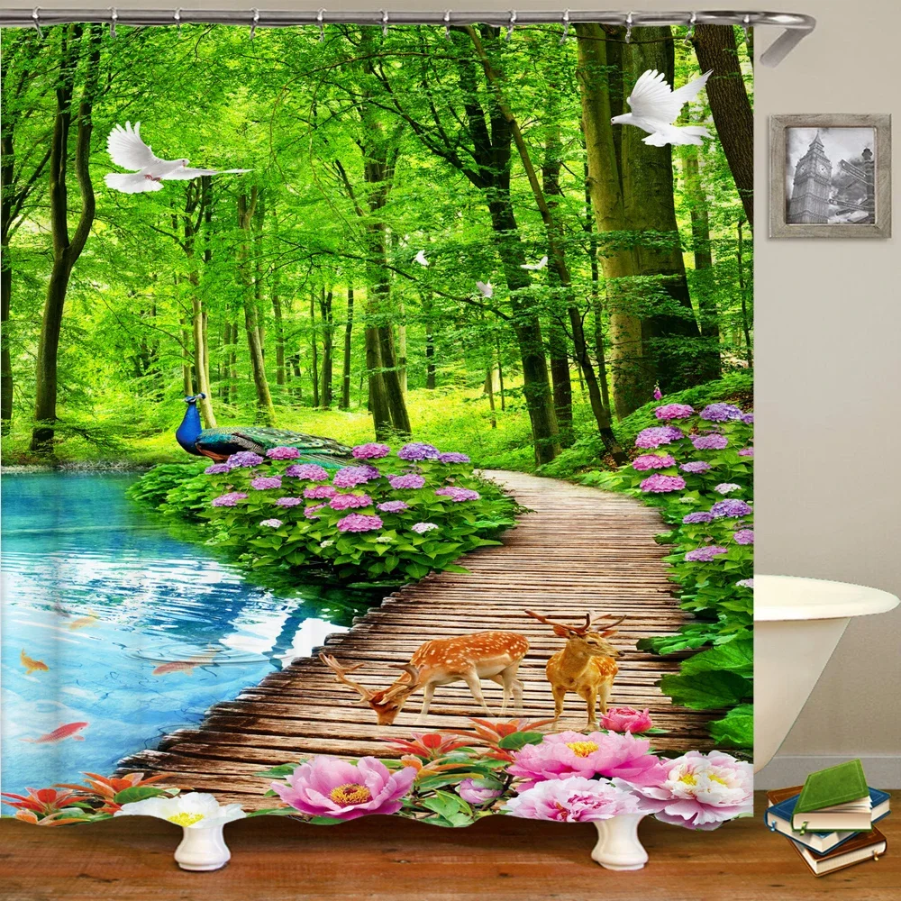 

Nature Forest Garden landscape Shower Curtain with Hooks Waterproof Fabric Rural Trees Bamboo Scenery Decor Bathroom Curtains