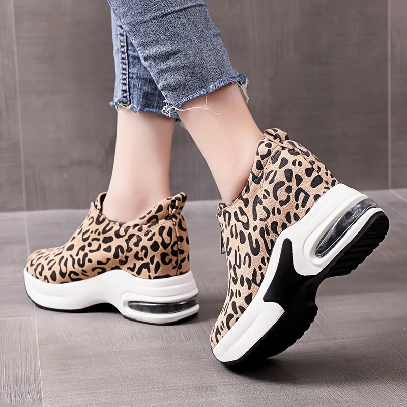 Hidden Heel Casual Platform Shoes Woman Sneakers Suede Slip on Shoes Women Height Increasing Flock Leopard Print Wedges Shoes