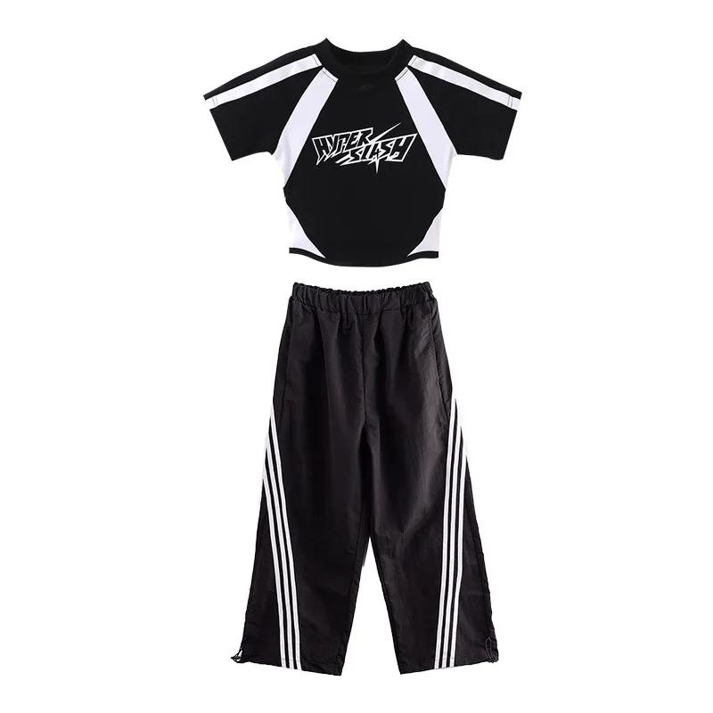 Girls Clothing Summer Chidren Hip Hop Outfit Cotton Black Long Sleeve Crop Top T-Shirt White Polyester Pants 2 Piece Set Streetw