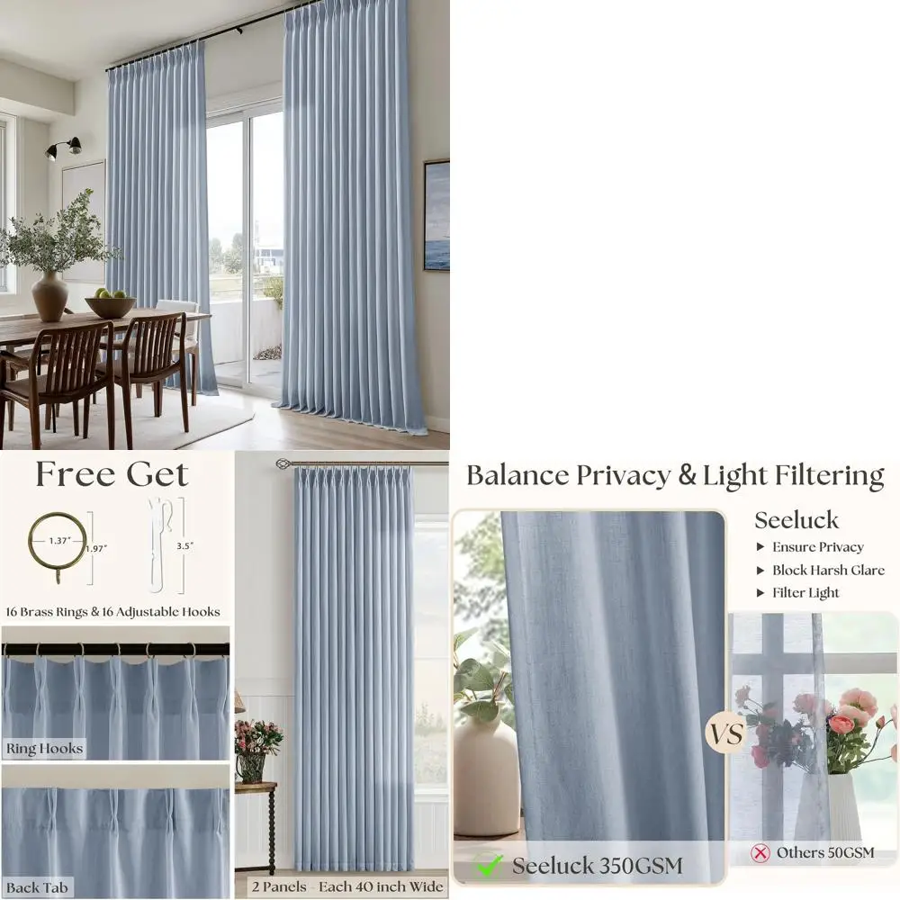 

84 Light Filtering Blue Grey Pinch Pleat Curtains for Living Room, Farmhouse Style with Hooks & Rings