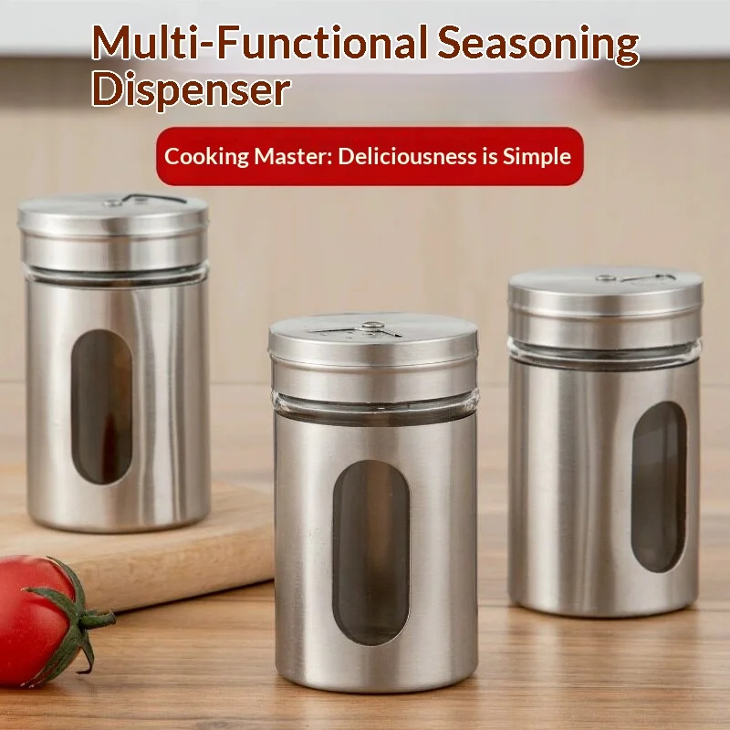 Stainless steel spice jar with rotatable lid, spice container with transparent glass window, salt and pepper shakers included