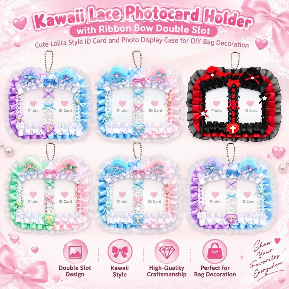 Gifts Double Slot Photocard Holder Cat Ear Ribbon Bow Photocard Case Lolita Style Cute Lace Card Holder Bag Supplies