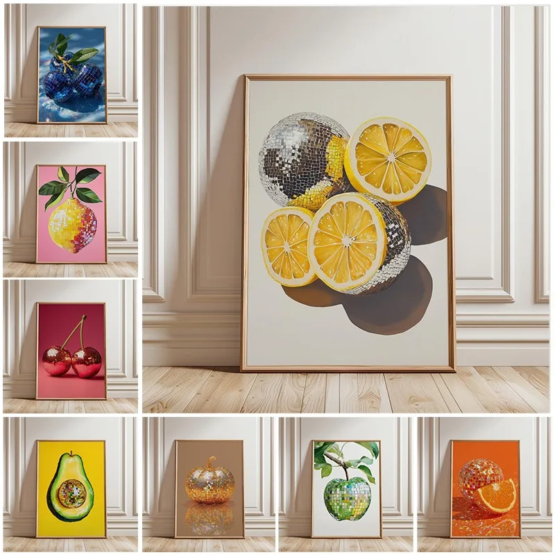 Colourful Eclectic Disco Ball Fruit Poster Orange Strawberry Lemon Apple Canvas Painting Wall Art Kitchen Living Room Home De