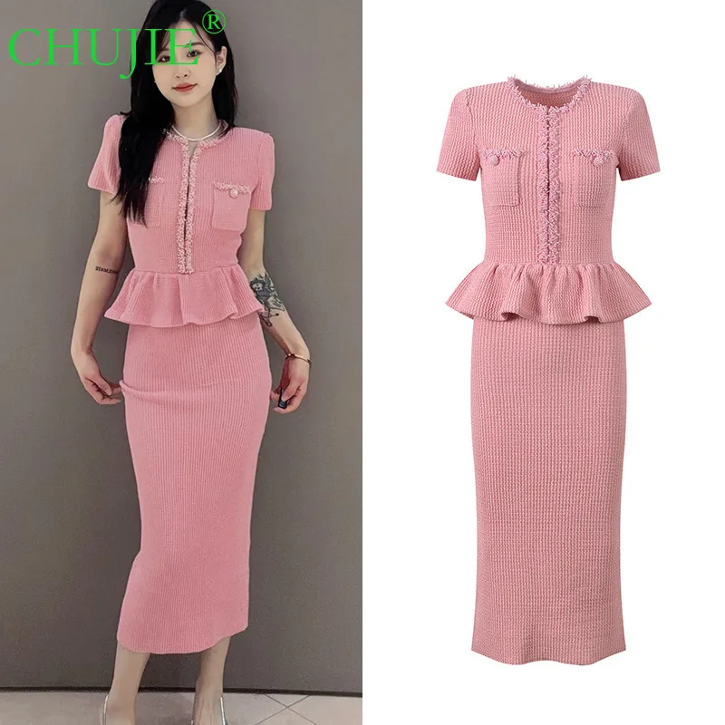 CHUJIE 2025 Jesień Zima Nowa Francuska Sukienka w Stylu Socjality, Lekki Luksus, Ozdobiona Koralikami, Okrągły Dekolt, Imitacja Dwuczęściowej, Z Falbanami, Dopasowany Krój, Długa Sukienka