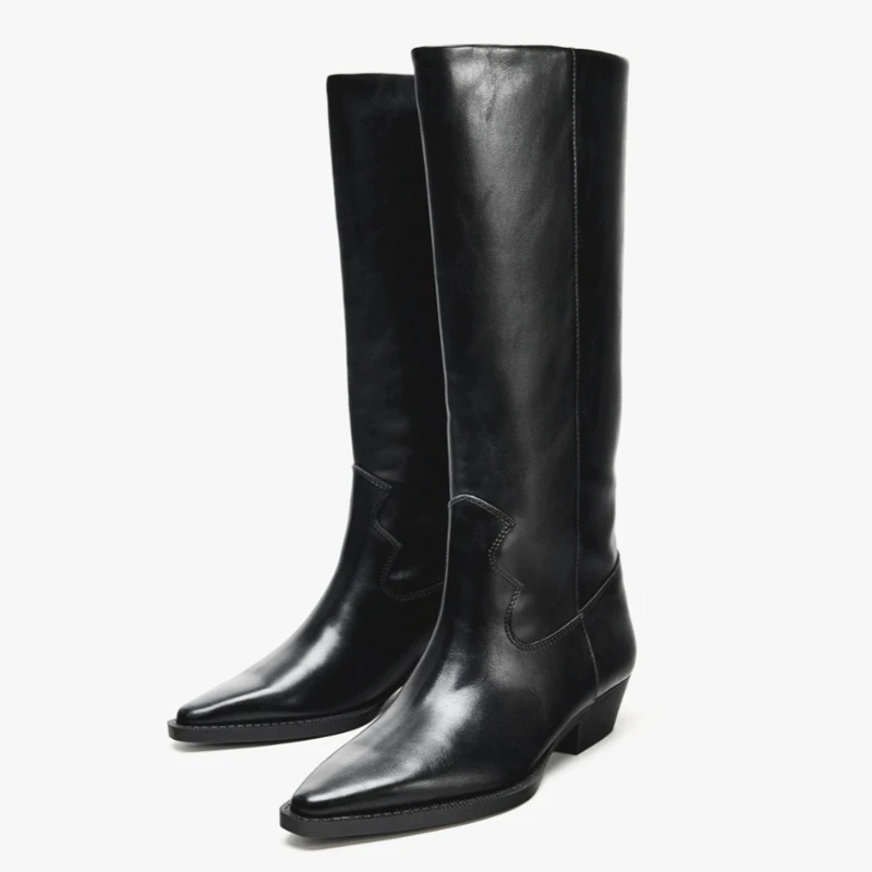 

Модные кожаные женские сапоги до колена на массивном каблуке, черные дизайнерские брендовые высокие сапоги Knight, женские зимние сапоги с острым носком