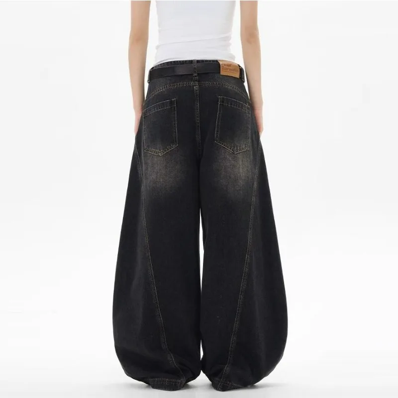 KIDWHXR Vintage Black Washed Baggy Jeans Pants Men Wide Leg Curved Blade Pants Streetwear Cowboy Casual Denim Straight Trousers