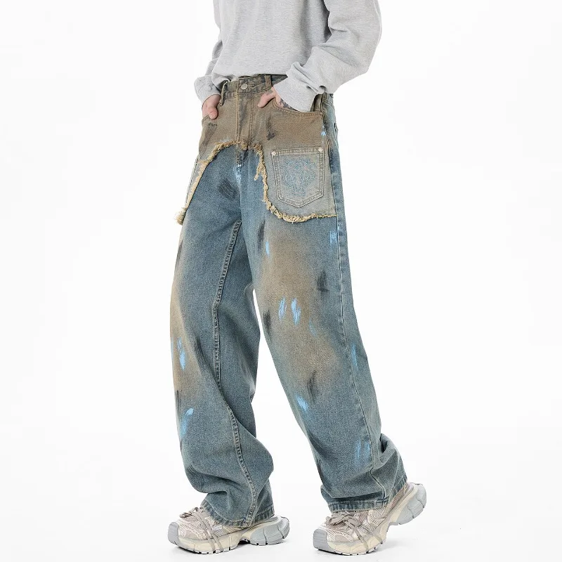 Refined Men's Wide Leg Jeans American Casual Minimalist High End Denim Distressed Paint Design Oversized Fit Pants