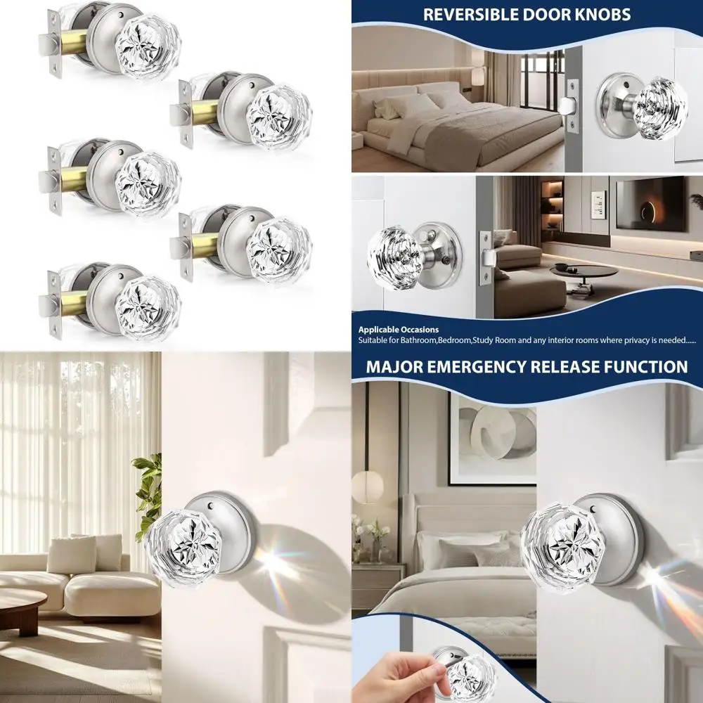 

Privacy Door Knobs with Clear Glass and Satin Nickel Finish - Crystal Interior Handles for Bedrooms and Bathrooms