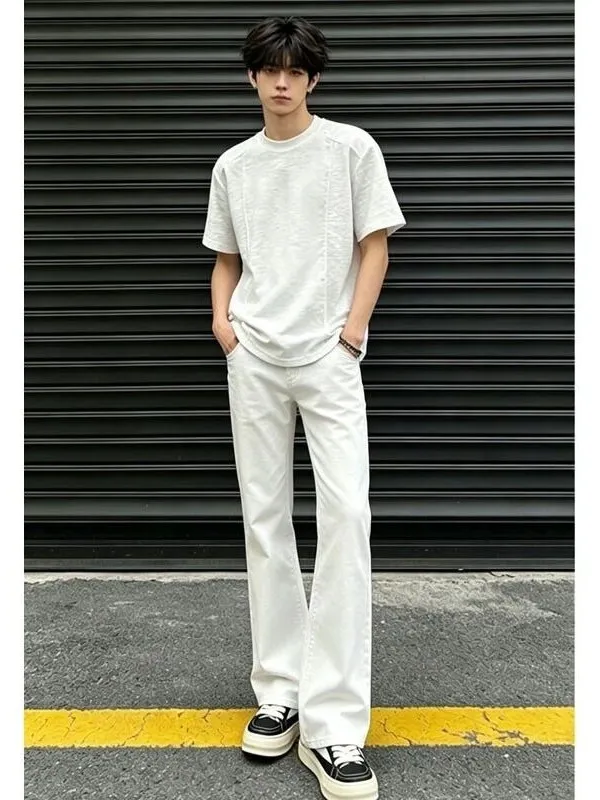 American High Street Vibe Men's White Curved Knife Jeans Clean Fit Slim Straight Leg Micro Flared Pants Breathable Summer Jeans
