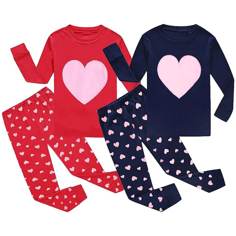 Little Hand Girls Long‑Sleeve Pajama Set Heart Print Cotton Nightwear Kids Indoor Home Clothing for 2‑7Y Toddler Valentine's Day