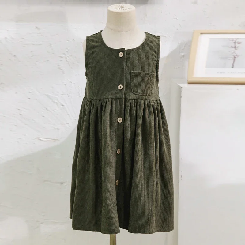 Retro Sleeveless Corduroy Girls Dress Spring Autumn New Children's Casual Loose Buttons Princess Dresses With Pocket