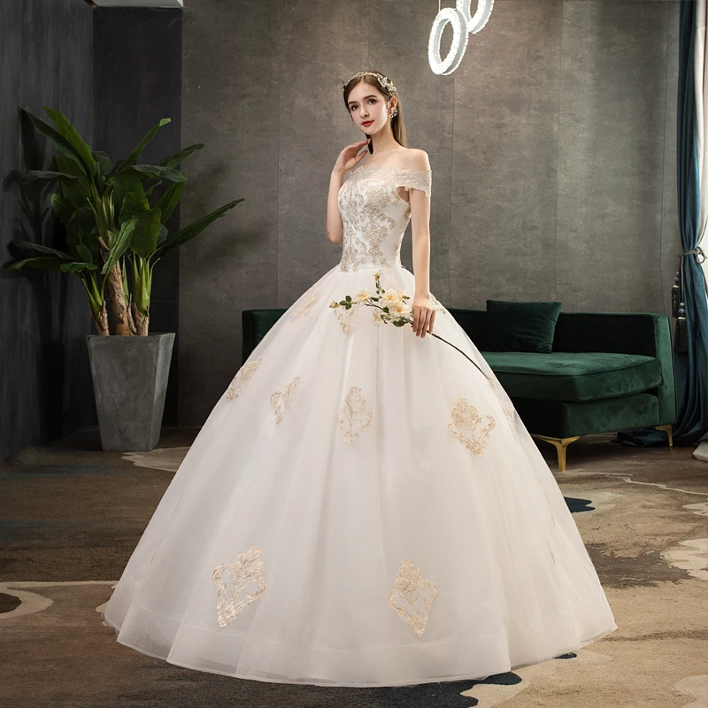 

Y&M Novias Off Shoulder Ivory Gold Lace Pluse Size Wedding Dresses New Korean Bridal Gown Dress Marriage