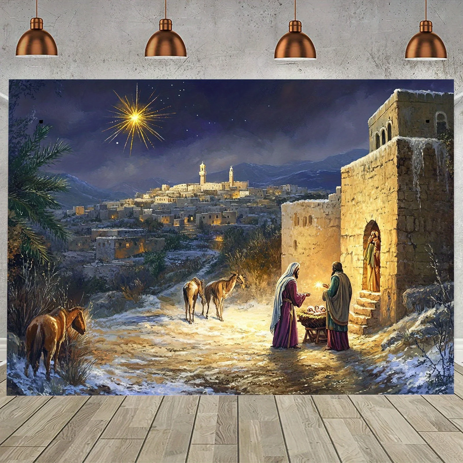 1pc Self-Lit Nativity Scene Tapestry with Warm Glow Lighting - No Batteries/Electricity, Starry Night Bethlehem Stable with Mary