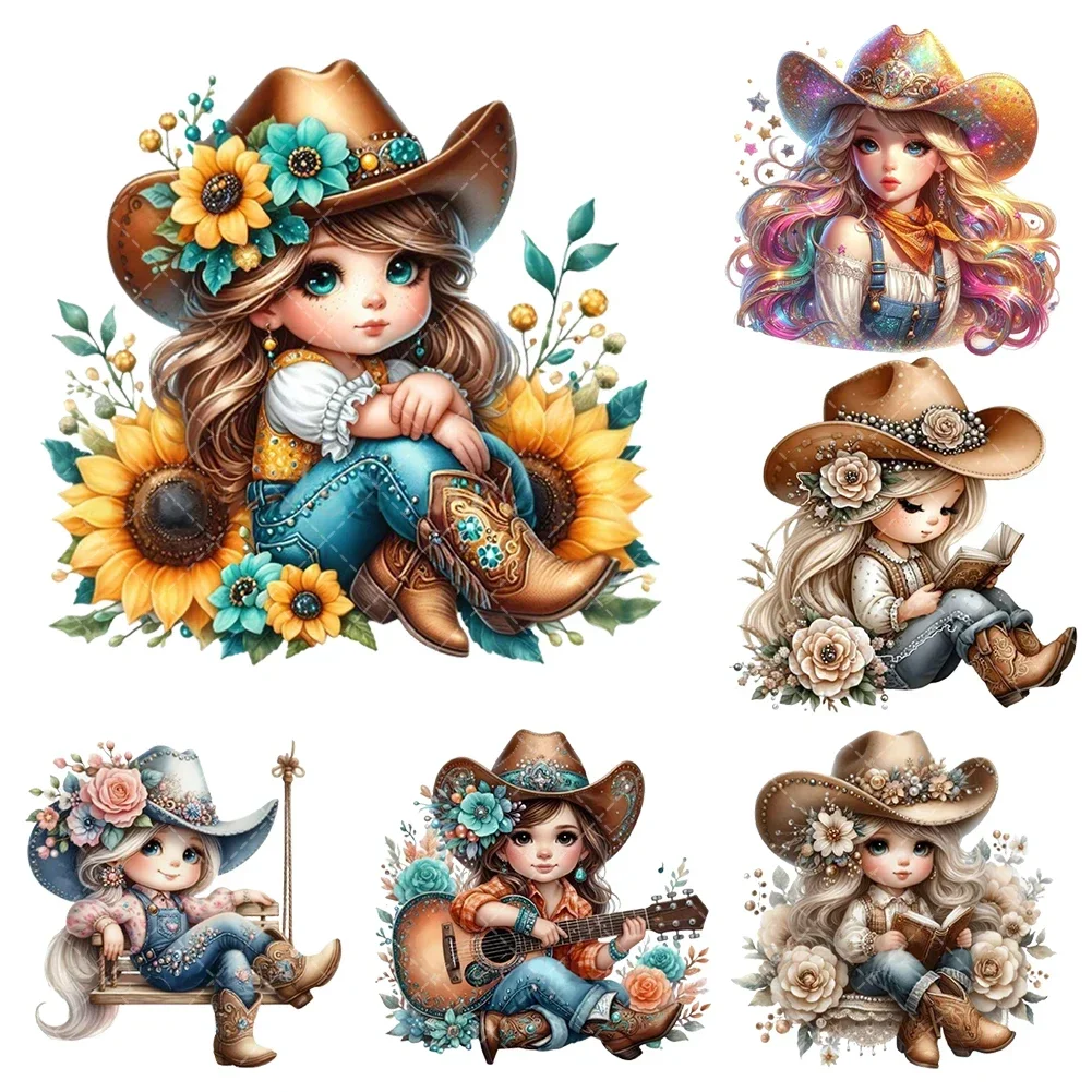 15cm/20cm Little Cowboy Girl Heat Transfer Stickers Iron On Clothes Bags DTF Vinyl Thermal Appliques Washable DIY Patches
