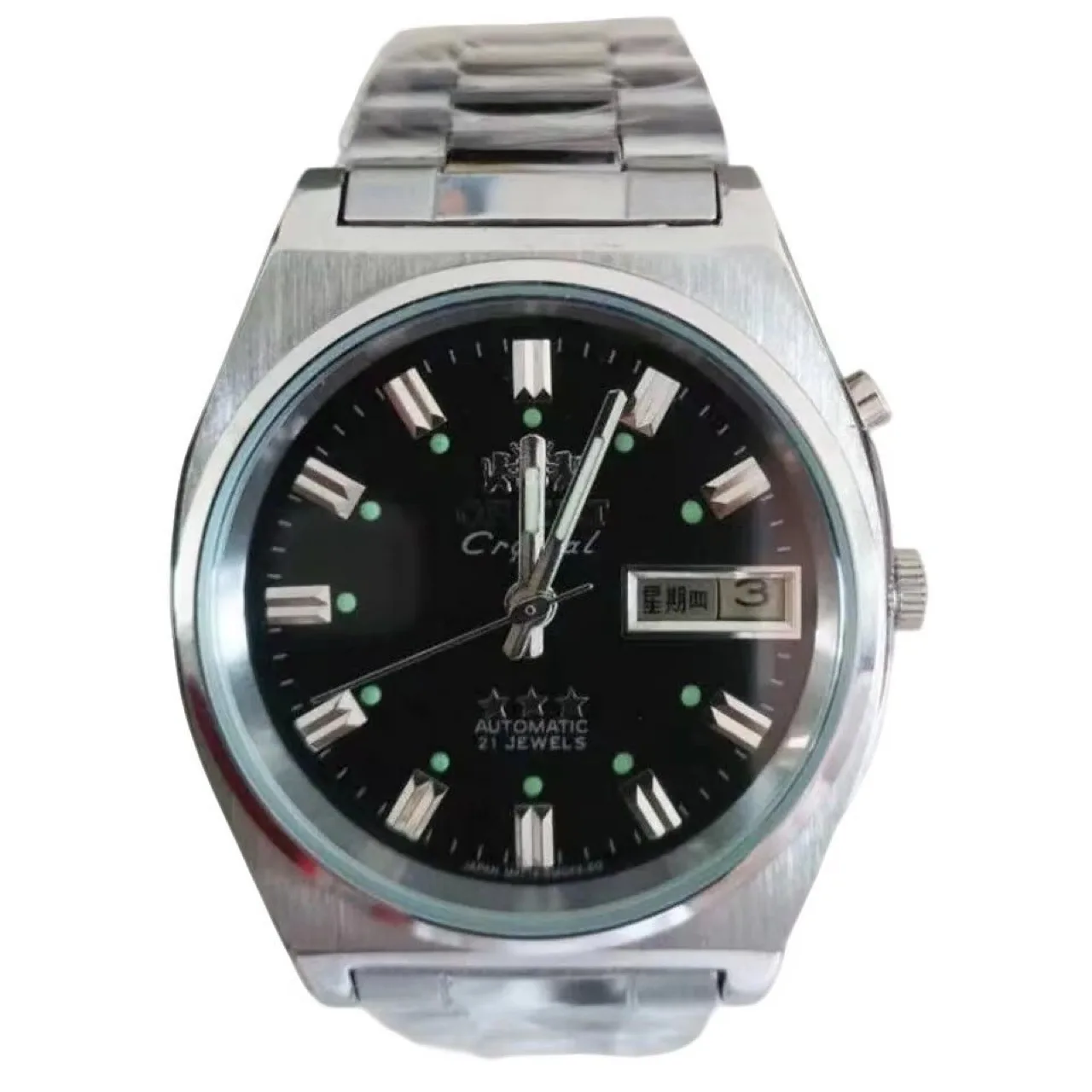 Orologio automatico da uomo Orient Crystal - 21 rubini, quadrante bianco con pennarelli luminosi, cinturino in acciaio inossidabile, datario