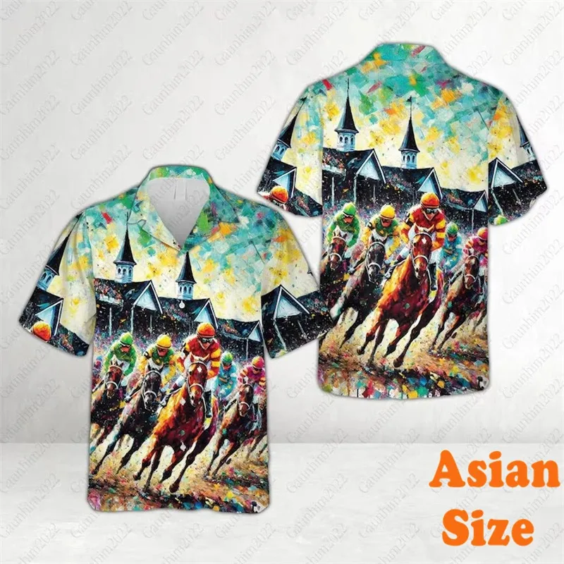 

Fashion Horse Race All Over Print Shirts Men's Clothing Street Graffiti Design Harajuku Trend Short Sleeve Asian Size Blouse