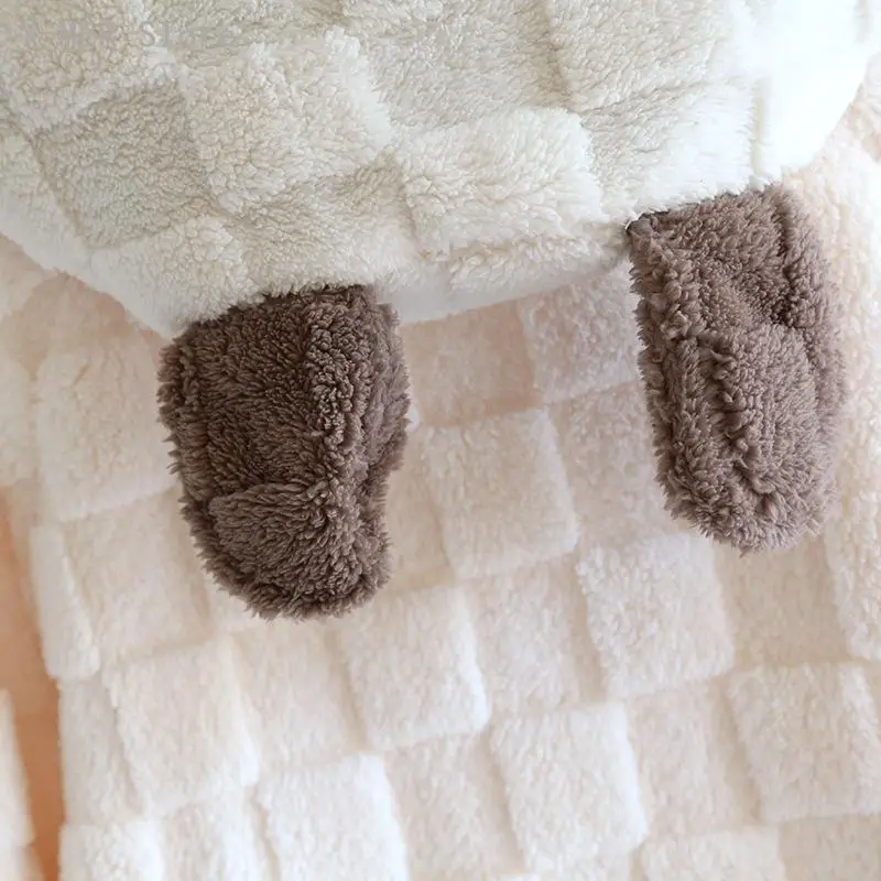 Unisex Couple Plaid Jacquard Coral Fleece Bathrobe Autumn Winter Thick Hooded Kimono Robe Soft Loose Homewear Sleepwear