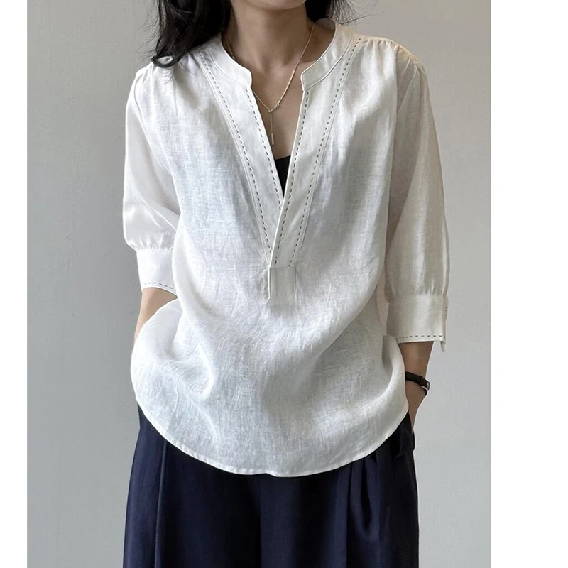 Linen V Neck White Shirts Three Quater Sleeve Loose Casual Fashion Tops Blouse Office Ladies Shirt
