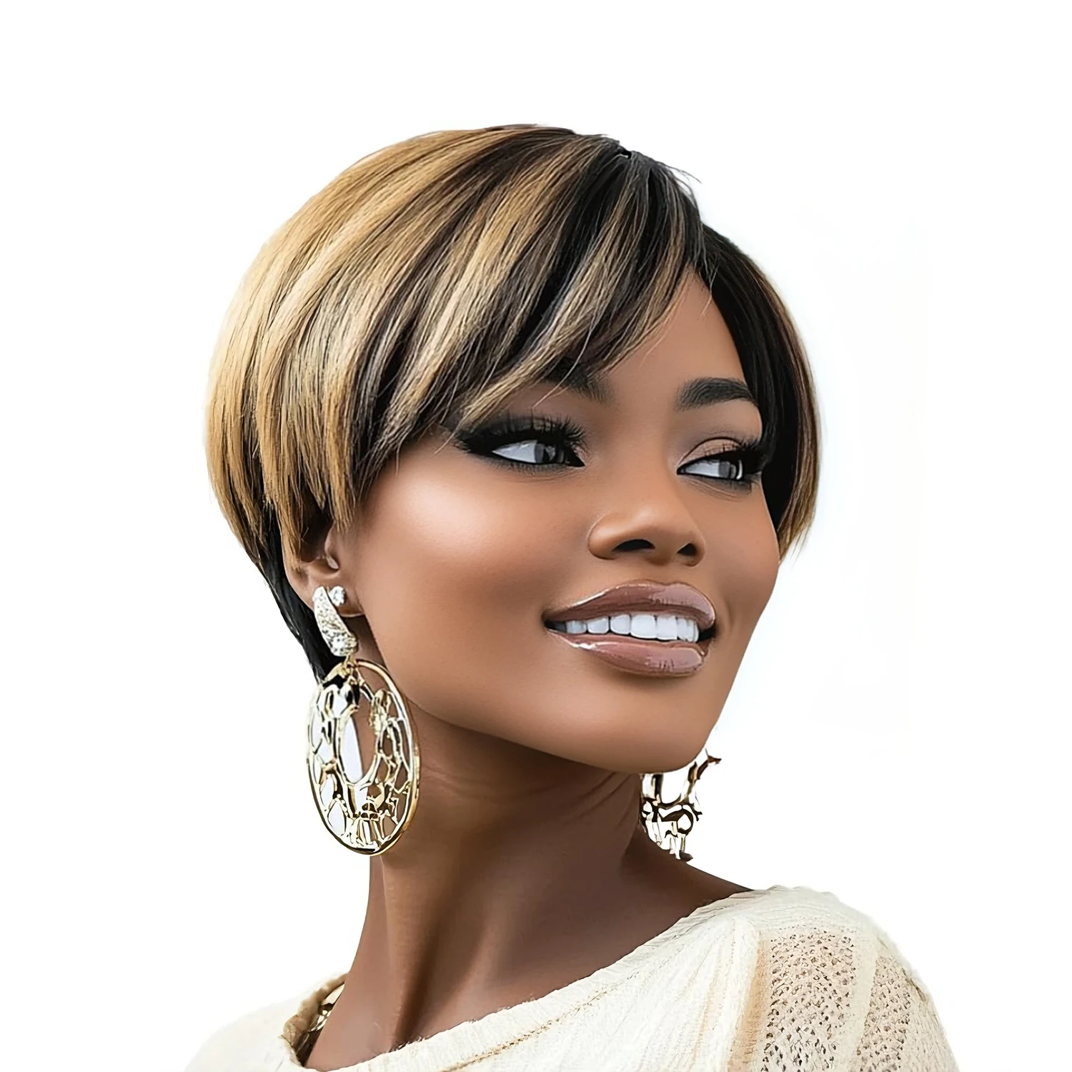 باروكات شعر بشري قصيرة بقص عابث للنساء شعر مستعار أشقر متدرج مستقيم 1B/27 لون مع غرة مصنوعة آليًا بالكامل #1