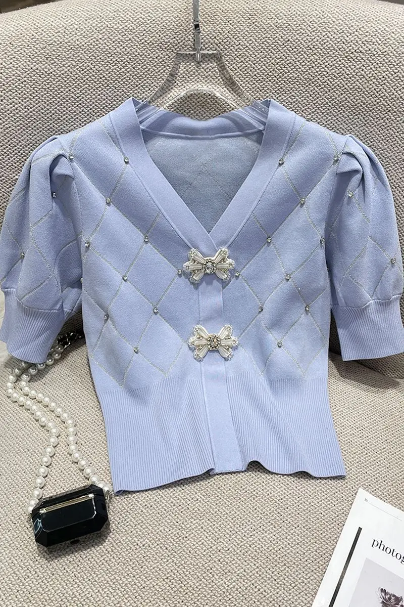 

2025 Summer Women's Sweet V-Neck Sheer Knit Top Short Sleeve French Chic T-shirt with Rhinestones Fashion Casual Slim Fit Trendy