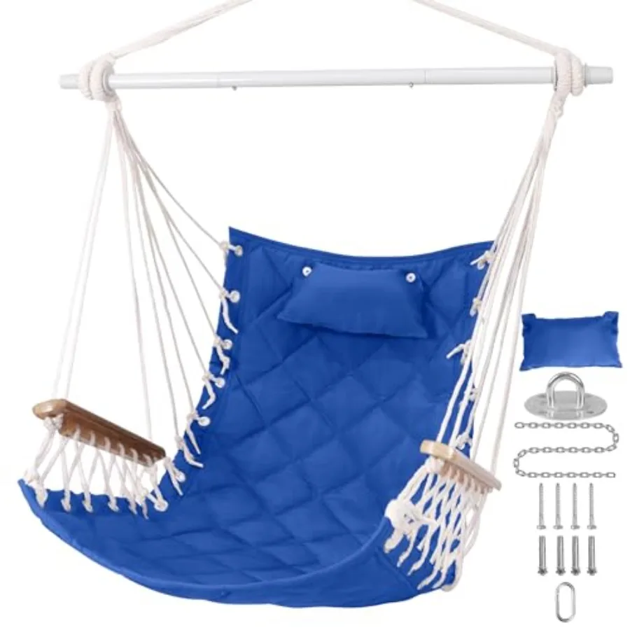 

Hammock Chair Hanging Swing with Wooden Armrest;Steel Spreader BarPillows Hardware kit Included;Cotton Woven;Up to 350 Lbs for