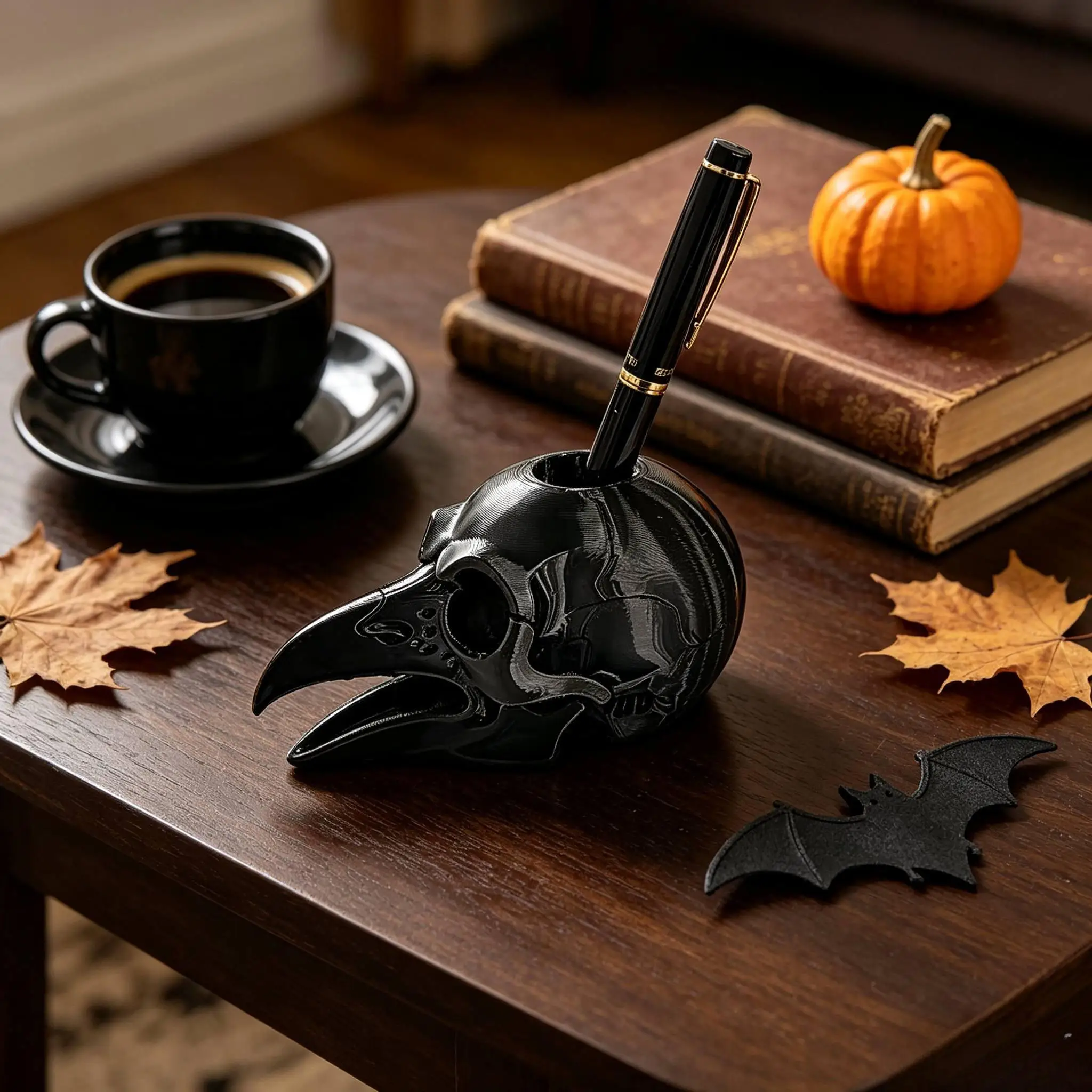 Vintage Gothic Raven Skull Pen Holder Sculpture Study Room Organizer Ornament Halloween Desktop Decor for Office Stationery Gift
