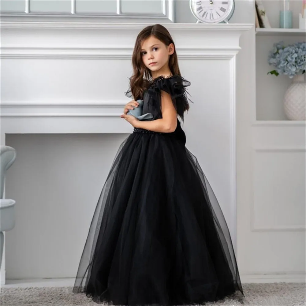 Black Flower Girl Dresses With Bow for Wedding Tulle Pageant Evening Gowns Birthday Ball Princess First Holy Communion Dresses