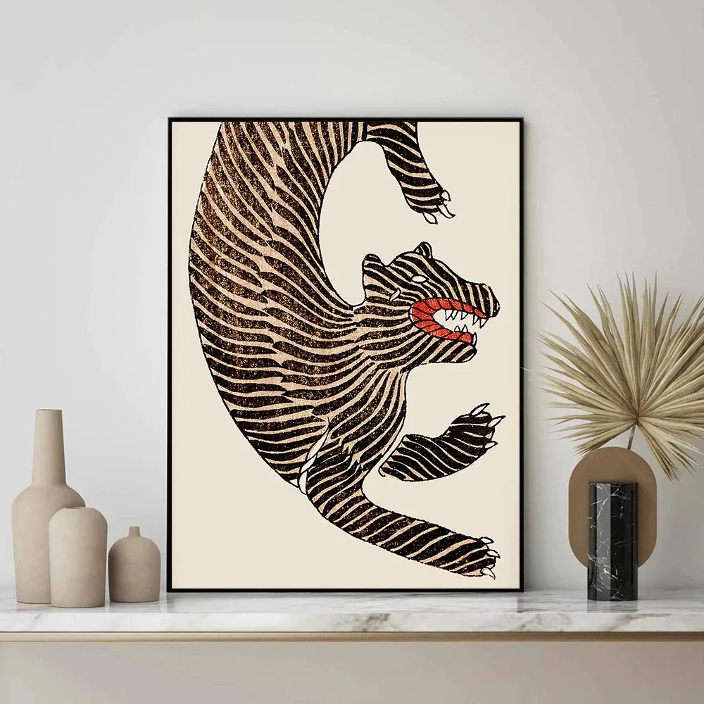 Tiger Poster Japanese Style Animal Canvas Painting Vintage Asian Art Print Minimalist Wall Picture for Living Bedroom Home Decor