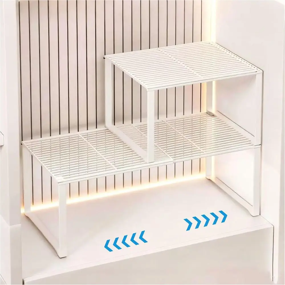 Adjustable 15-24.4in Length, Stackable Storage Rack or Kitchen/Pantry/Bathroom/Shoe Cabinet/Tool Closet (2, White)