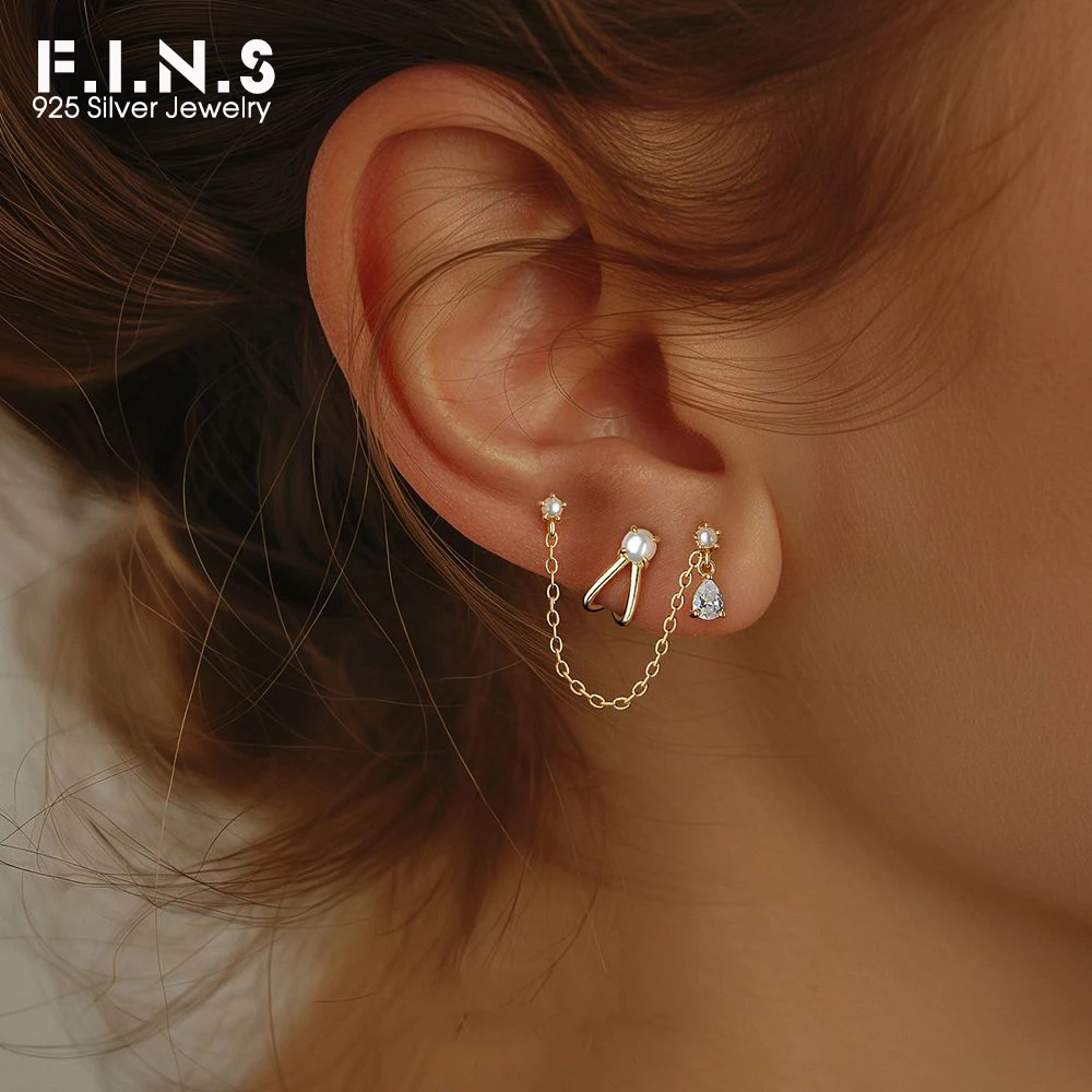 F.I.N.S 1PC S925 Sterling Silver Gold Chain Tassel Star Stud Earrings For Womens Korean Double Heart Piercing Ear Fine Jewelry