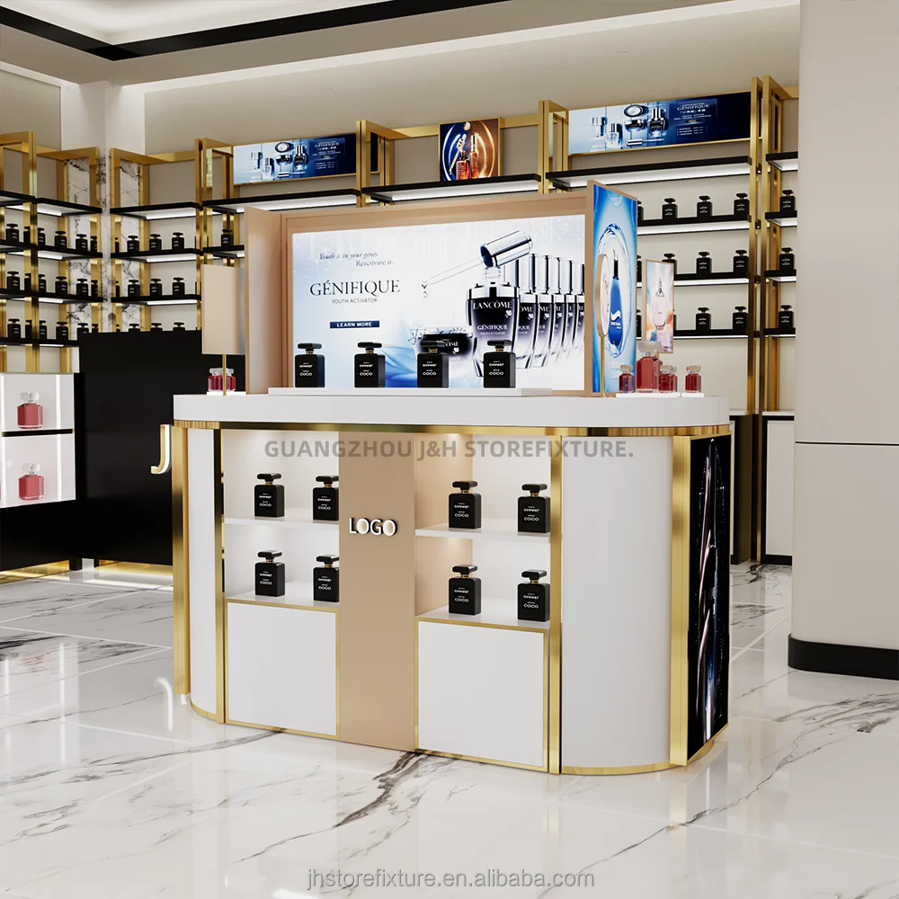 ออกแบบตกแต่งตู้โชว์น้ำหอมแบบคีออสก์ ตู้เคาน์เตอร์ไม้แบบกำหนดเอง ชั้นวางน้ำหอม