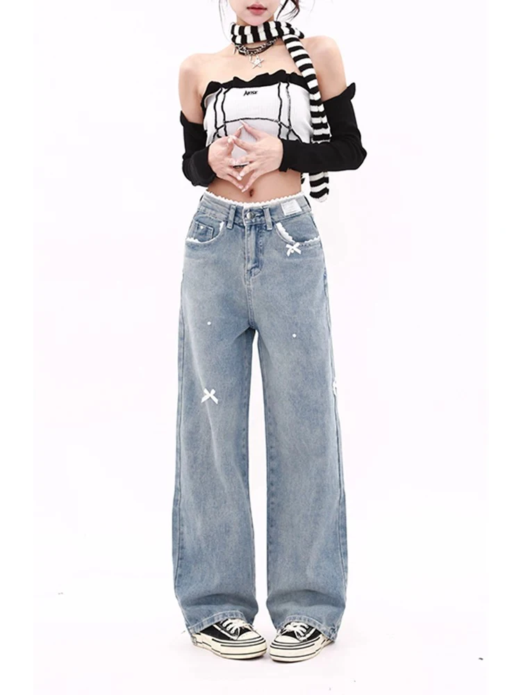 

Шикарные женские джинсы с высокой талией и бантом, свободные прямые широкие брюки, женские весенние базовые простые модные женские джинсы