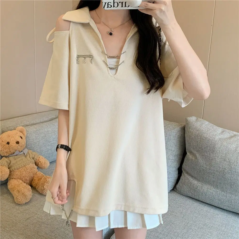 

Summer Young Style Irregular Hollow Out Solid Color V-neck Short Sleeve T-Shirt Women Clothing Casual Patchwork Oversized Tops