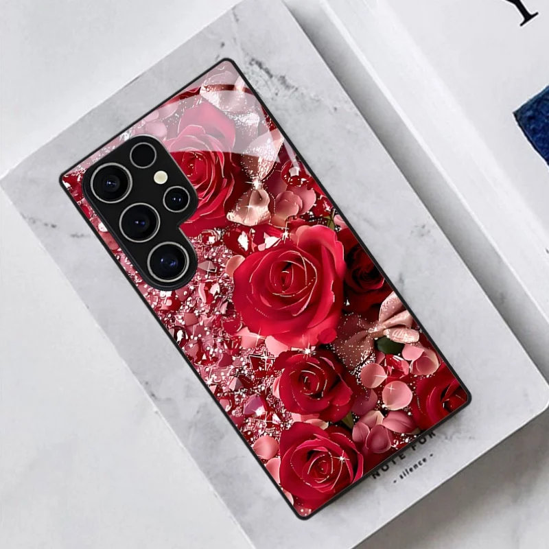 New Rose print Phone case s26 ultra case Glass phone case for Samsung Galaxy S26/S25/S24/S23/S22/S21 FE Ultra Plus Shockproof