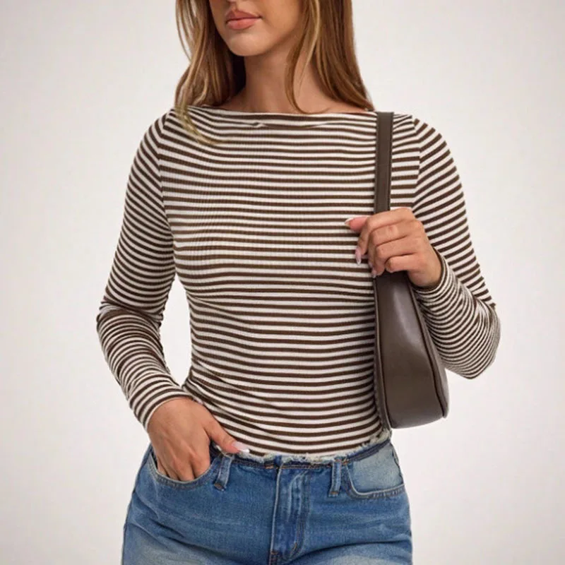Women's Spring Autumn Round-neck Striped Slim-fit Long-sleeve T-shirt