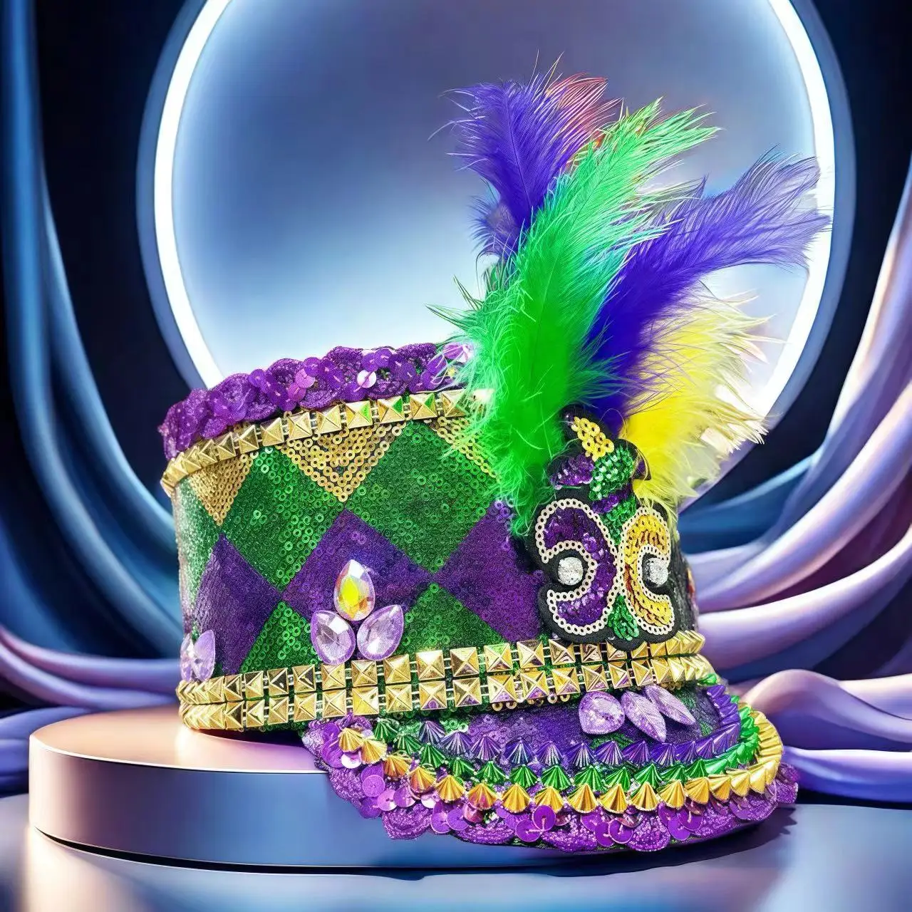 Carnival Bucket Hat Grenn and Purple Top Hat Rhinestone Rivet Chicken Feather Carnival  Top Hat Jazz Stage Hat Halloween Hat