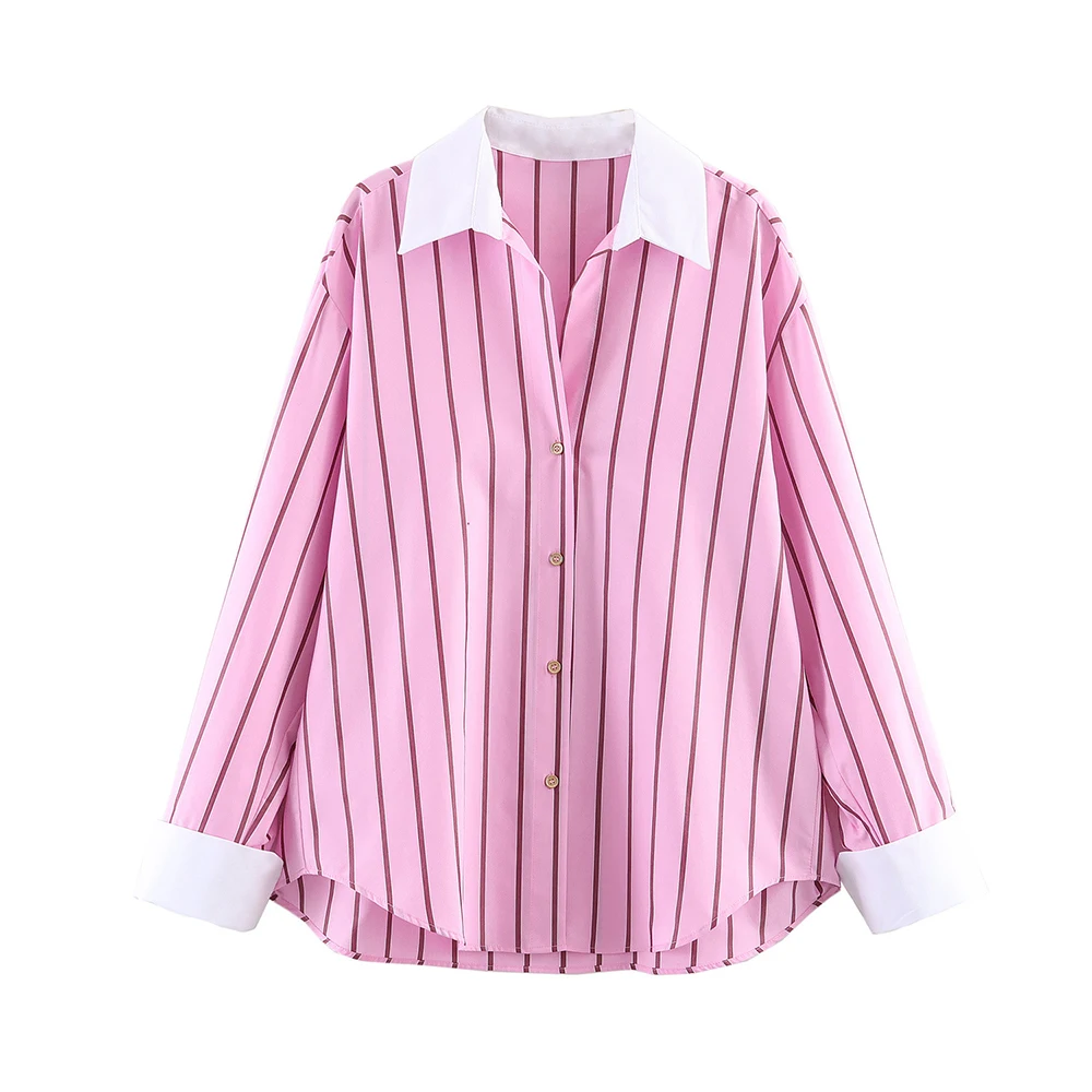 

Women's Pink Striped Shirts Spring Korean Style Long Sleeve Single Breasted Shirt Contrast Color Lady Casual Blouse Tops