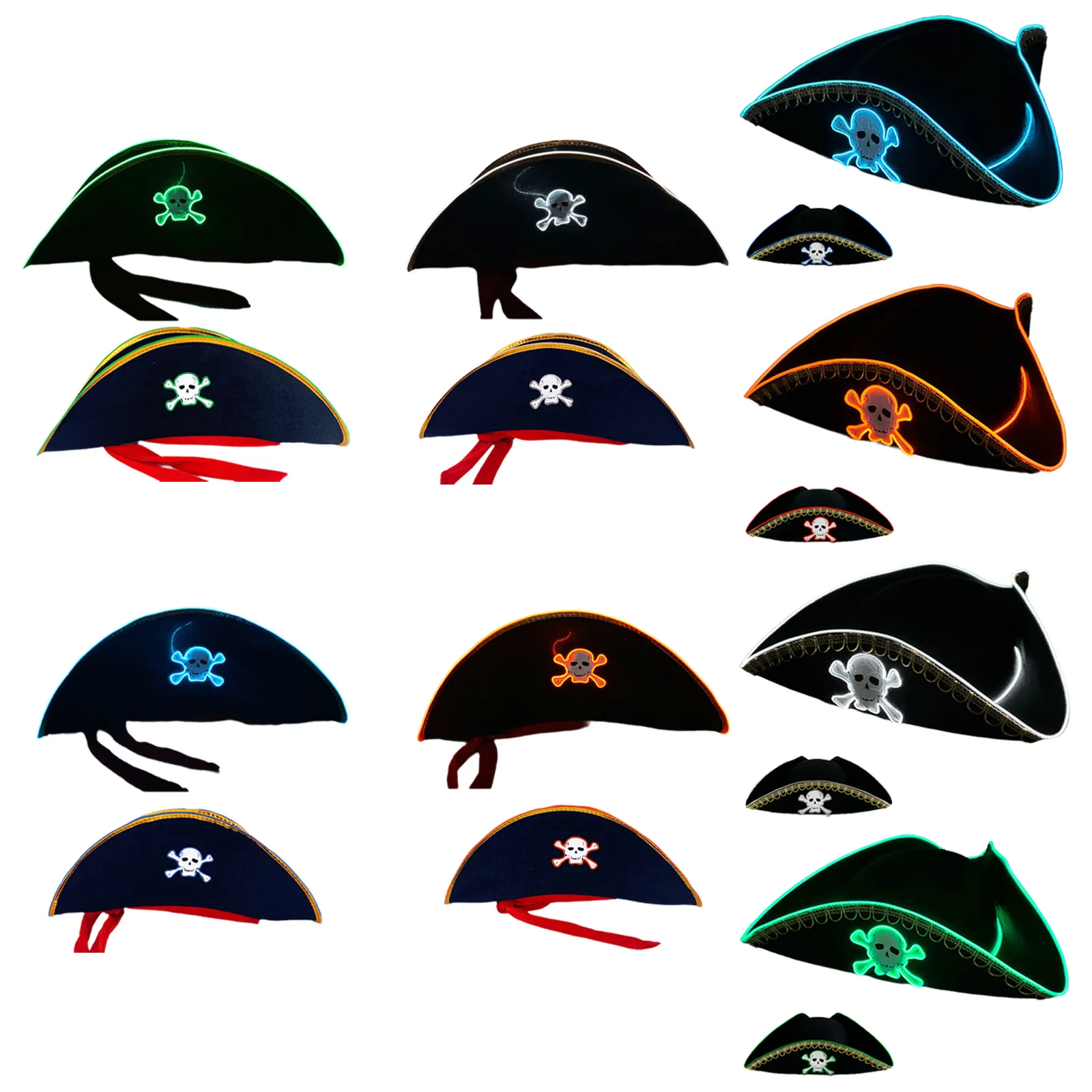 Volwassenen kinderen unisex oplichtende piraatpet met verlicht schedelontwerp voor Halloween make-up feestkostuum rekwisieten en prestaties