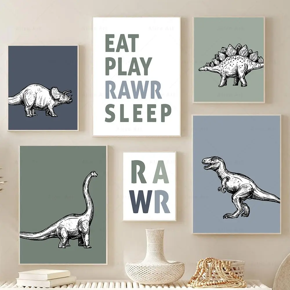 Jurassic Dinosaur Tyrannosaurus Rex Triceratops Quote Wall Art Canvas Painting Nursery Poster Print Wall Picture Kids Room De